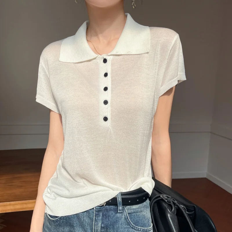 Flip Collar Pure Lyocell Pullover Women's knitted Short Sleeves Sweater Half single buckle decoration High-quality Loose Tops 2
