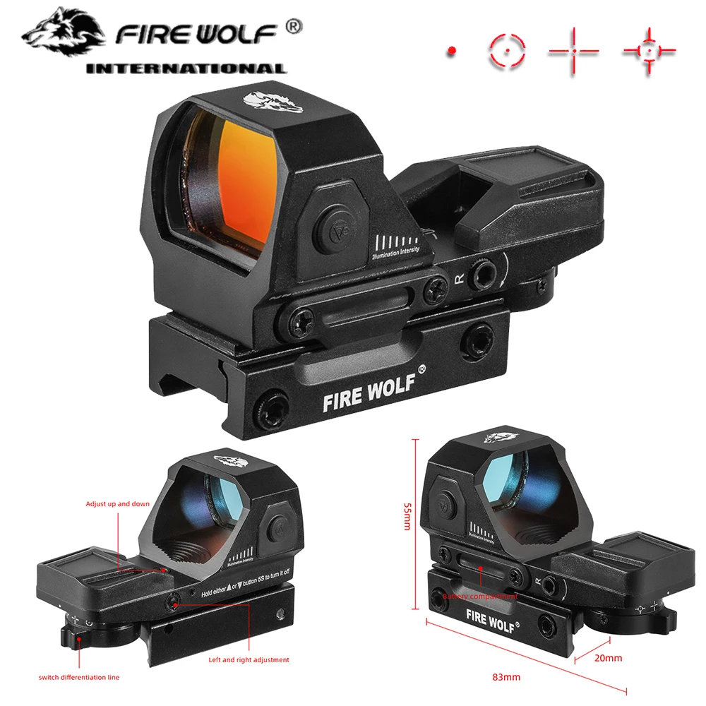 FIRE WOLF 1X22 Reflex Sight 4 Reticle Red Dot Sight Optics ON & Off Switch for 20mm Rail Mount Airsoft Air Tactical Rifle Socpe