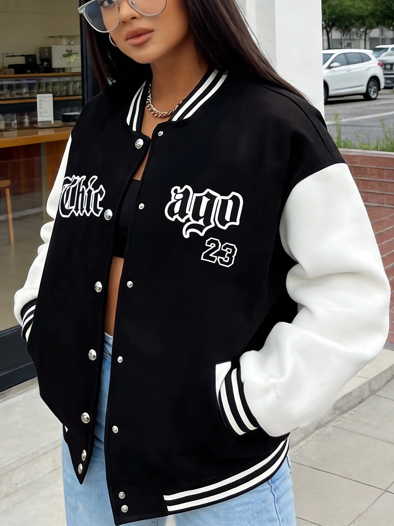 Chaqueta de béisbol de gran tamaño para mujer, abrigo universitario informal con estampado de números "Thie" y 23, ropa de calle de moda, chaqueta holgada de moda