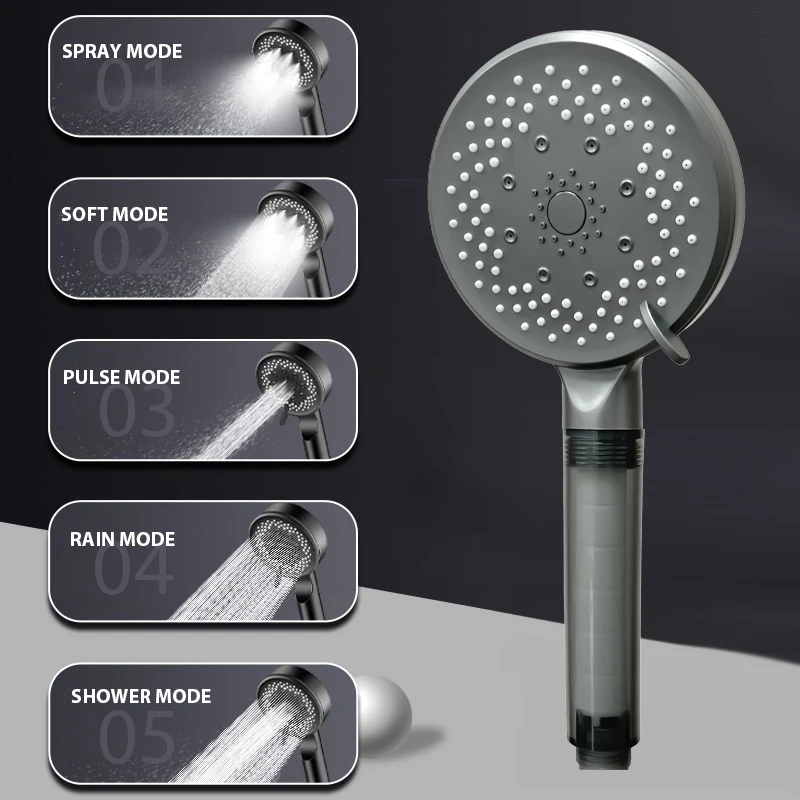 5 Modes Large Panel  Water Saving Shower Head Adjustable High Pressure  Water Massage Shower Head With Filter For Bathroom