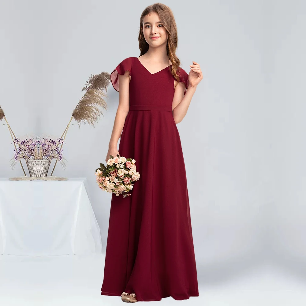 A A-Line V Neck Floor Length Chiffon Junior Bridesmaid Dress With Cascading Ruffles Flower Girl Dress For Girls Wedding Party