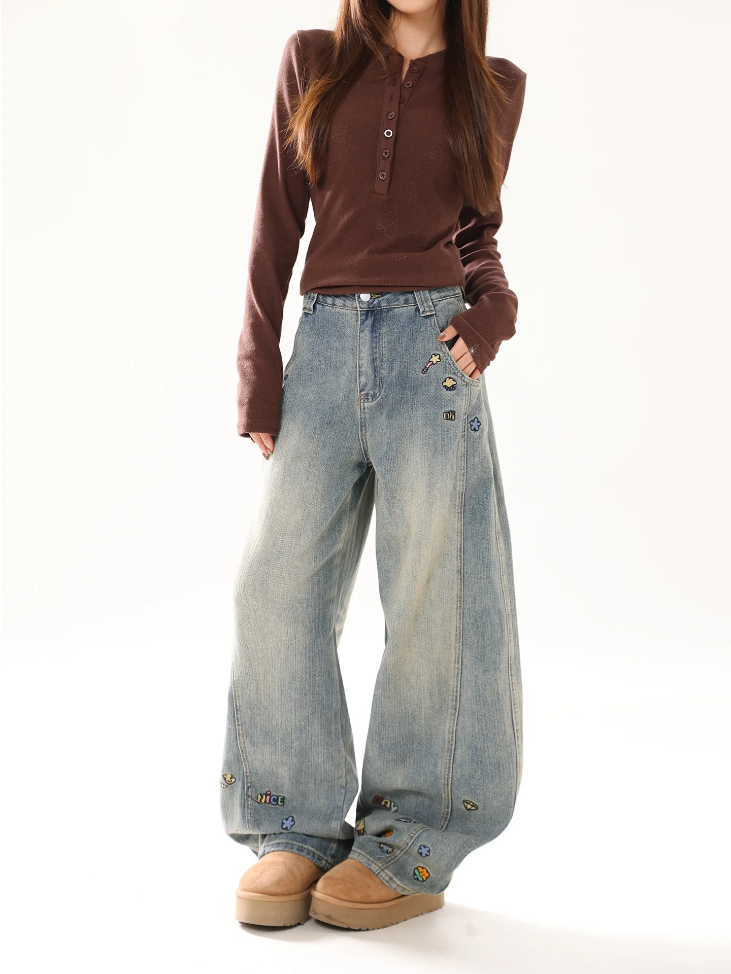 

Широкие джинсы с вышивкой в стиле ретро AONW, женские винтажные утягивающие брюки длиной до пола с ножом