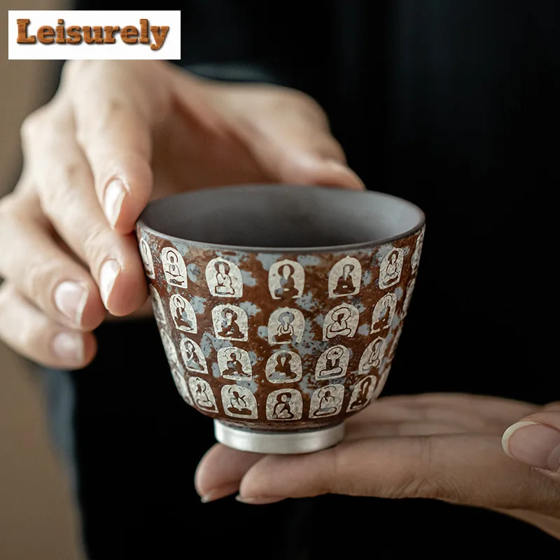100ML Handmade Gilded Silver Tea Cup Chinese Dunhuang Buddha Master Cup Old Rock Clay Tasting Tea Bowl Chazhan Small Drinkware