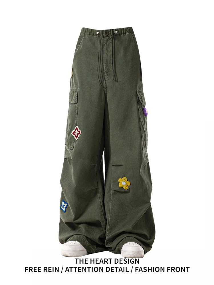 

Ретро-джинсы в американском стиле с вышивкой, женские свободные повседневные брюки с широкими штанинами на шнурке, с высокой талией, длинные, весенний дизайн