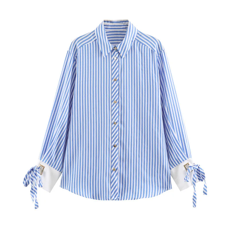 Casual Loose Striped Shirt Long Sleeve Women's Top  Knot Decorative European Style Fashion Breathable Skin-friendly