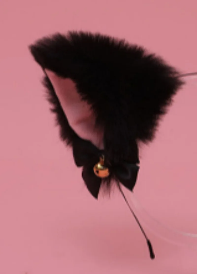 Simulation of cat ears hairband furry black and pink with bow bell cosplay kitten