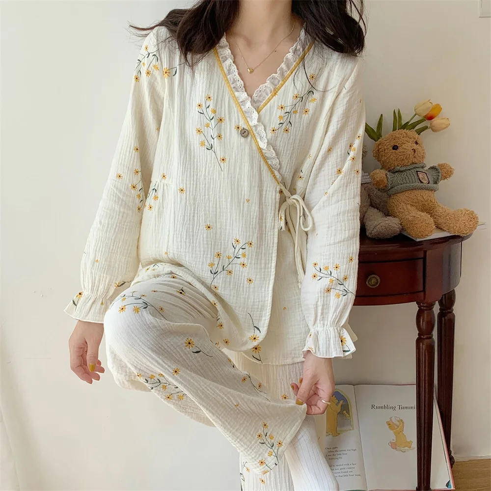 Fdfklak Pure Cotton Gauze Maternity Breastfeeding Nursing Clothing Spring Summer New Thin Breathable Floral Pajamas Suit