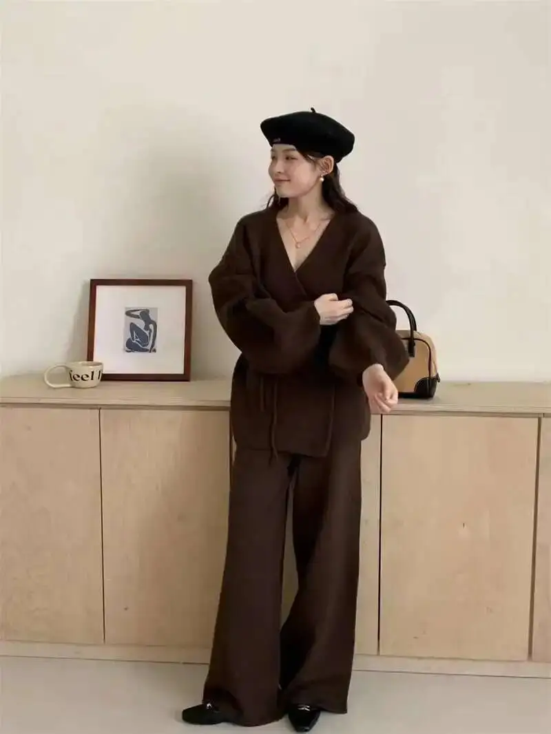 [EWQ] Fashion V-neck Long Sleeve Lace Up Sweater And High Waist Trousers Casual Women Knit Set Clothing 2025 Autumn New 16O1719