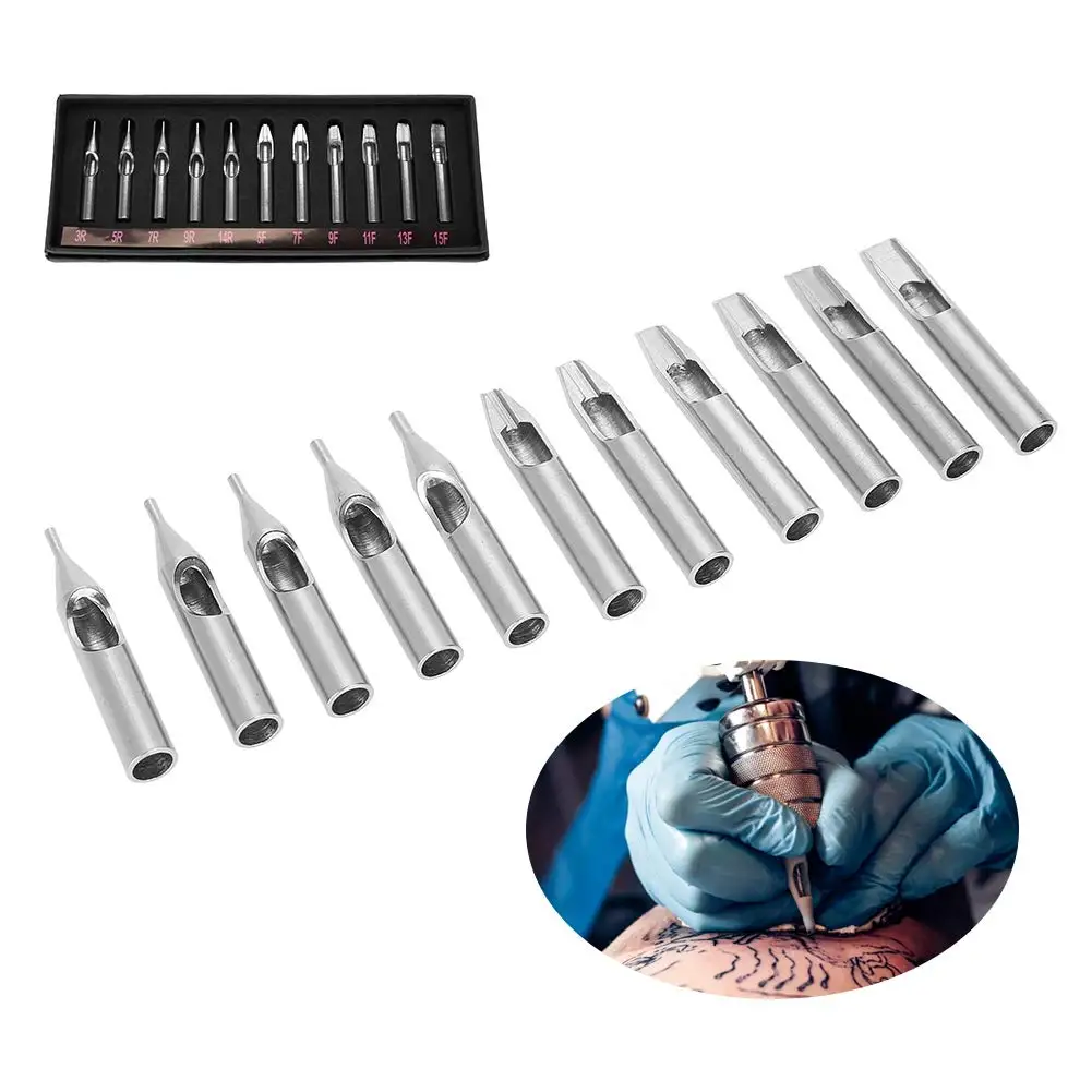 11PCS Tattoo Stainless Steel Tips Tubes Set Kit Box Round Flat Nozzle Tattoo Tips for Tattoo Needles Machine Grip Supply