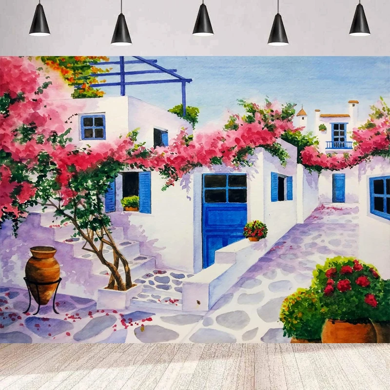 Greece Village Photography Backdrop White Houses Colorful Doors Background Wall For  Wedding Bridal Shower Party Decor Poster