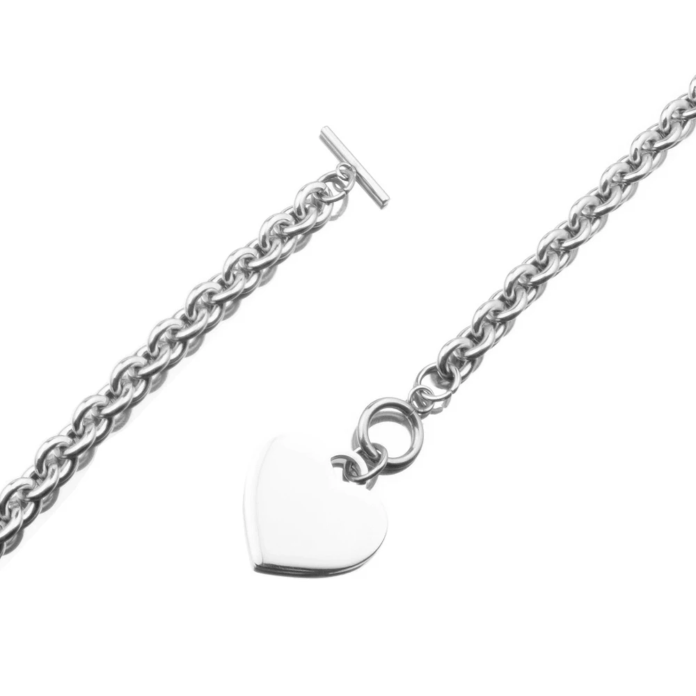 Stainless Steel Heart Charm Cable Chain Bracelet Necklace Set with Toggle Clasp Punk Rock Collar Necklace for Women Men