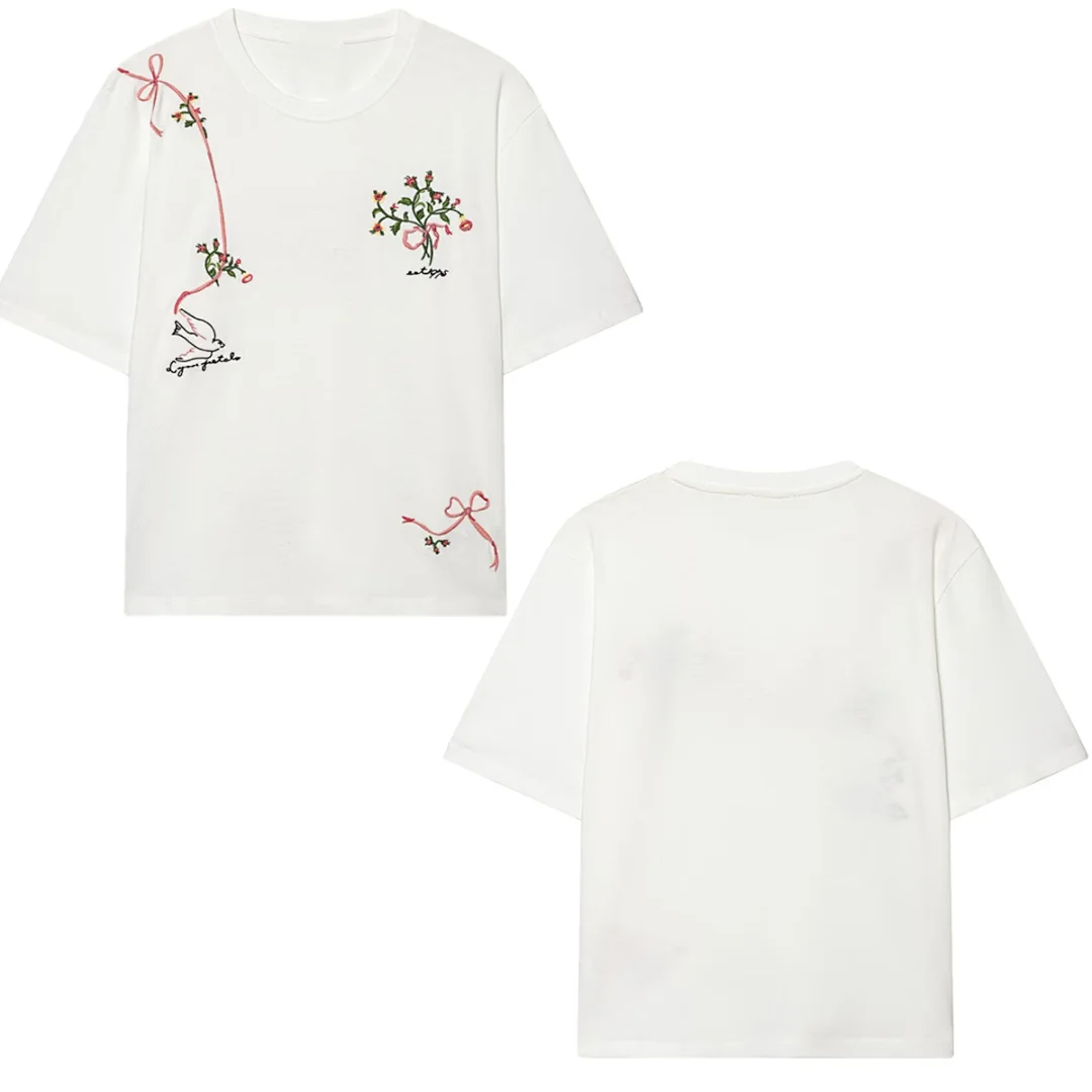 

Maxdutti Summer T-shirt Woman Clothes Female Clothing Cotton Tops Minimalist women's flower embroidered short sleeved T-shirt