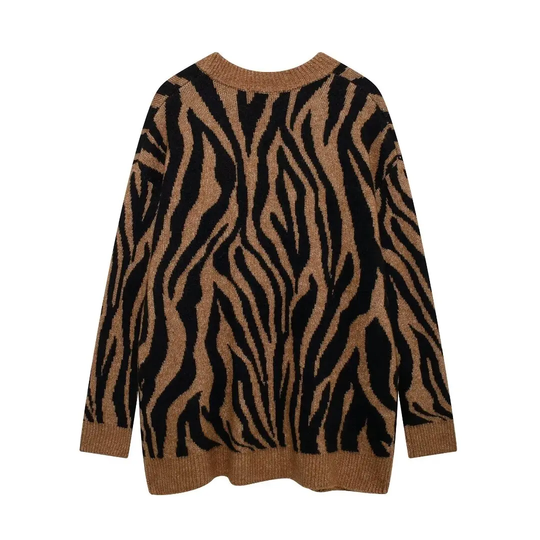 Tangada 2024 New Women Leopard Oversized Knit Cardigan Sweaters Female Jumper Outwear 3H0929