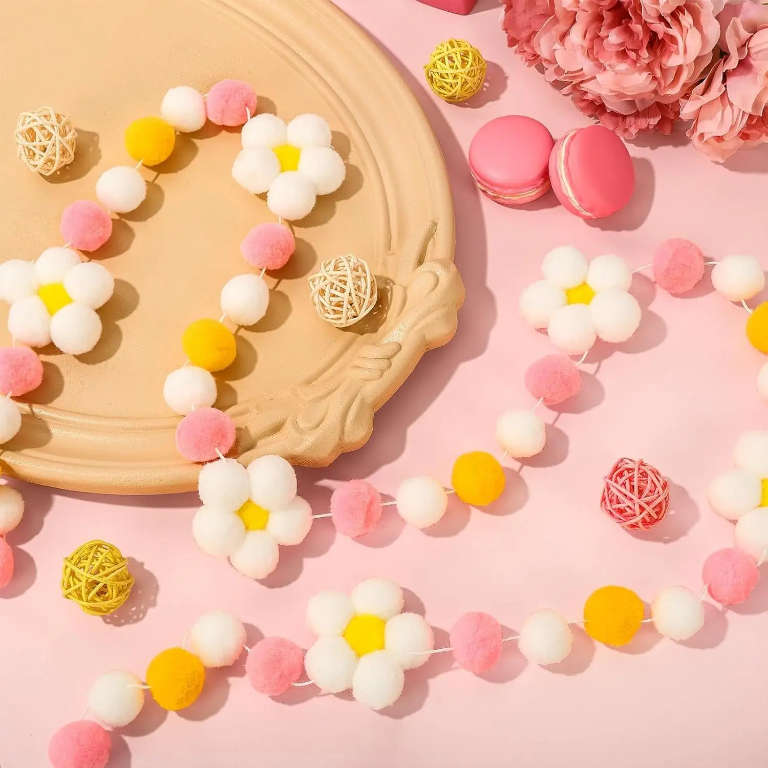 Spring Flower Felt Garland Wall Hanging  White Pink Yellow Pom Ball Banner for Home Mantel  Window Decor Holiday Party Supplies