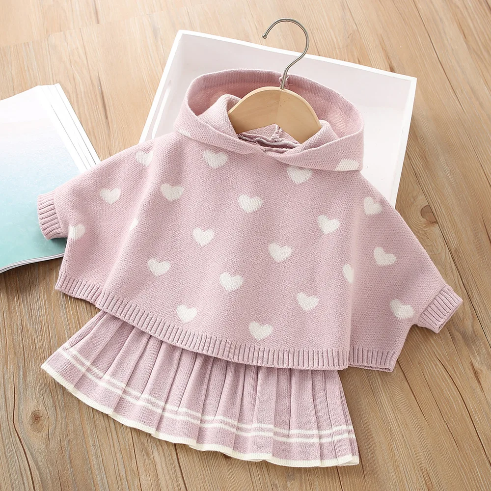 2025 Spring Autumn Toddler Girls 2PCS Clothes Set Heart Embroidery Hooded Kid Girls Cloak Contrast Pleated 1-5Y Girls Skirt Suit