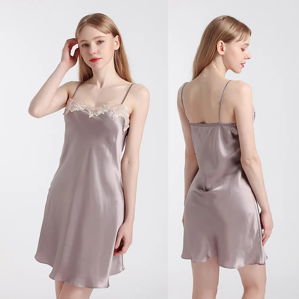 2025 New Silk nightgown two-piece set women's summer mulberry silk one-line collar lace suspender nightgown silk home wear