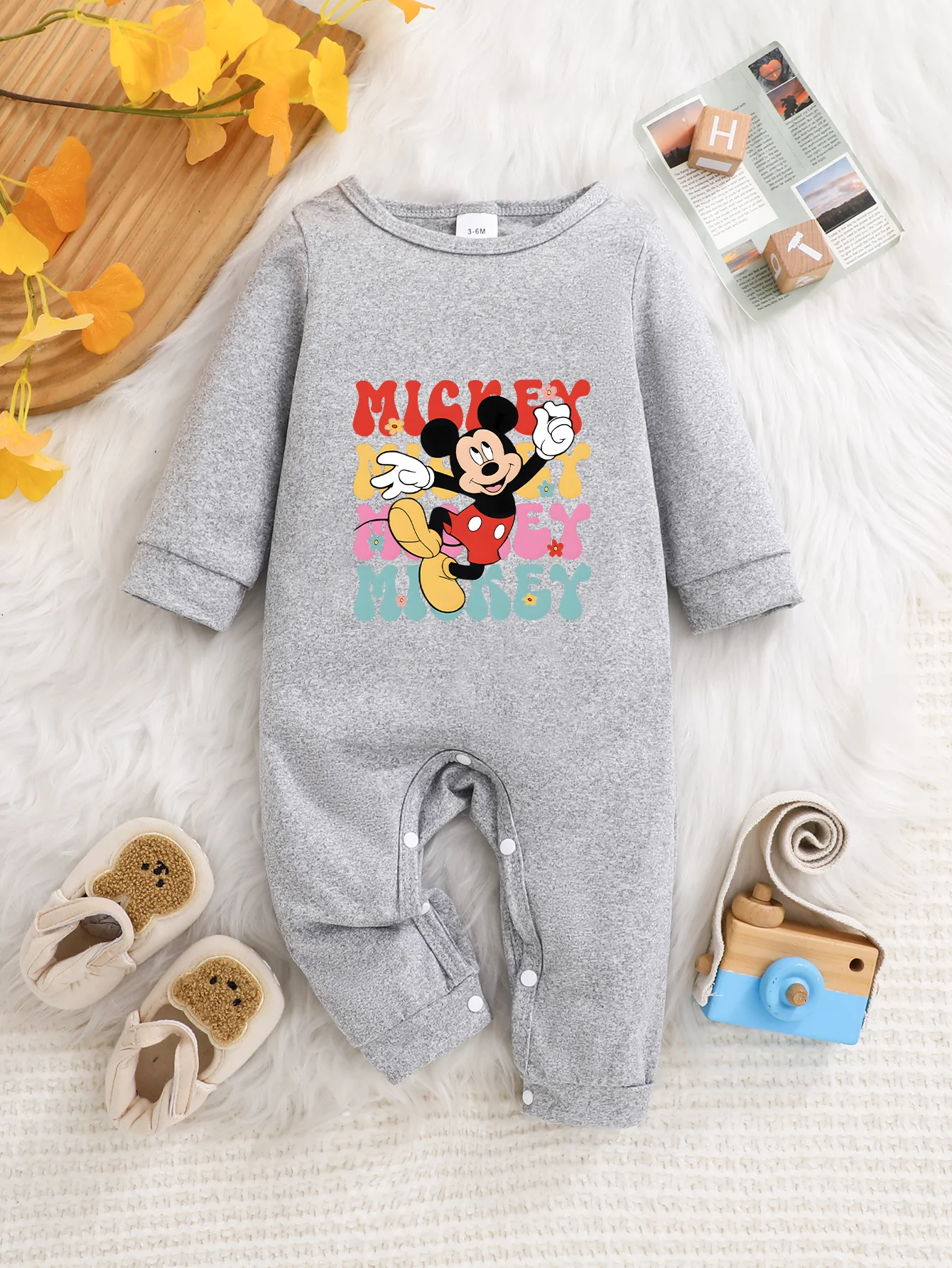 

【Officially Licensed】 Disney Mickey Baby Long-Sleeve Romper | Vibrant Letter Print Style