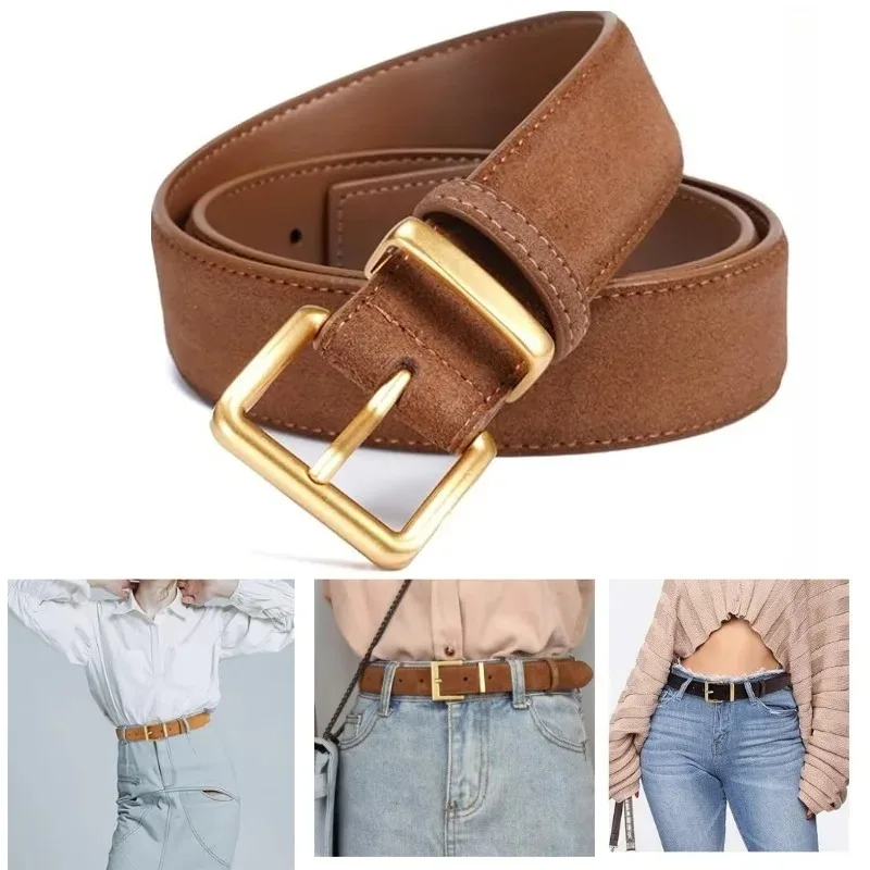 

Женский замшевый ремень для джинсов и платьев, винтажный замшевый пояс из воловьей кожи с золотой квадратной пряжкой, женские модные ремни
