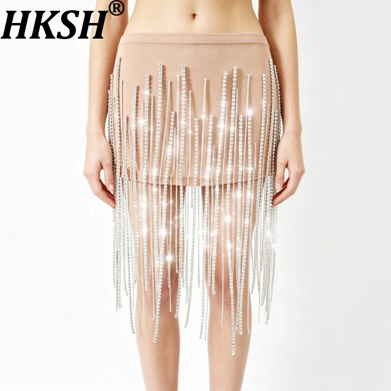 

HKSH Women Short Skirt Irregular Diamonds Chain Tassel Slim Fit Belly Dance Luxury High-end Fashion Casual Skirts Summer HK22146
