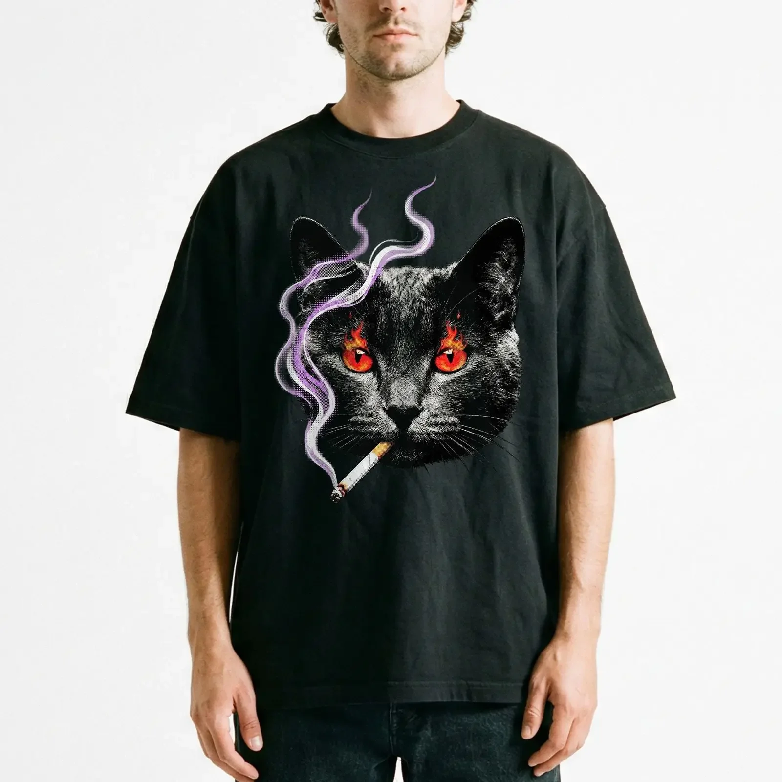 Cat Smoking Fire Eyes Flame Vintage T Shirt Evil Feline Horror Cool vintage Washed Soft fashion Stretched designer clothes