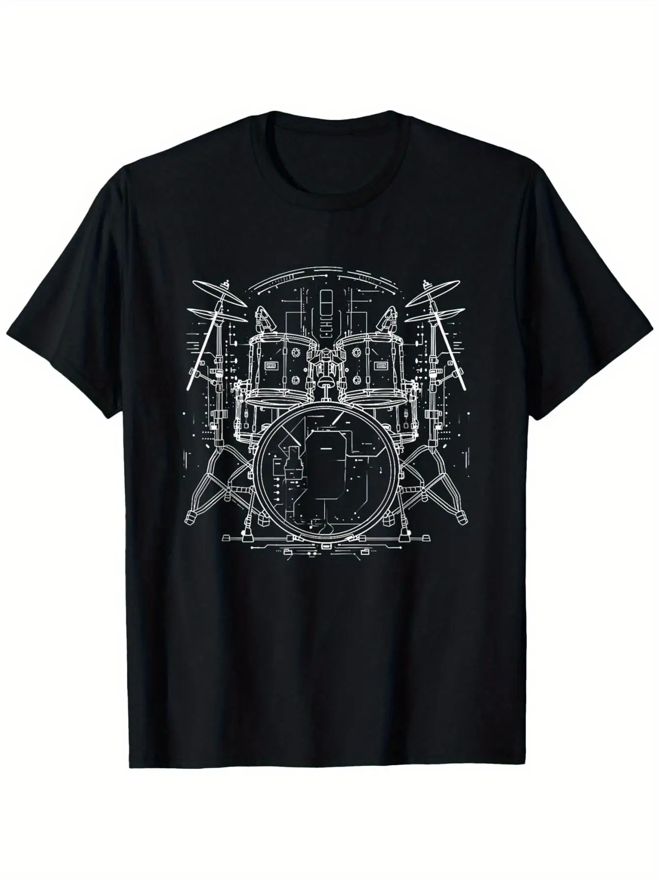 Men'S Heavyweight 180 Drum Kit T-Shirt - Black Musician Tee with White Drum Set Graphic (Drums Cymbals) - Streetwear Casual Shirt for Drummers Music Lovers, Gift Idea - , Sizes