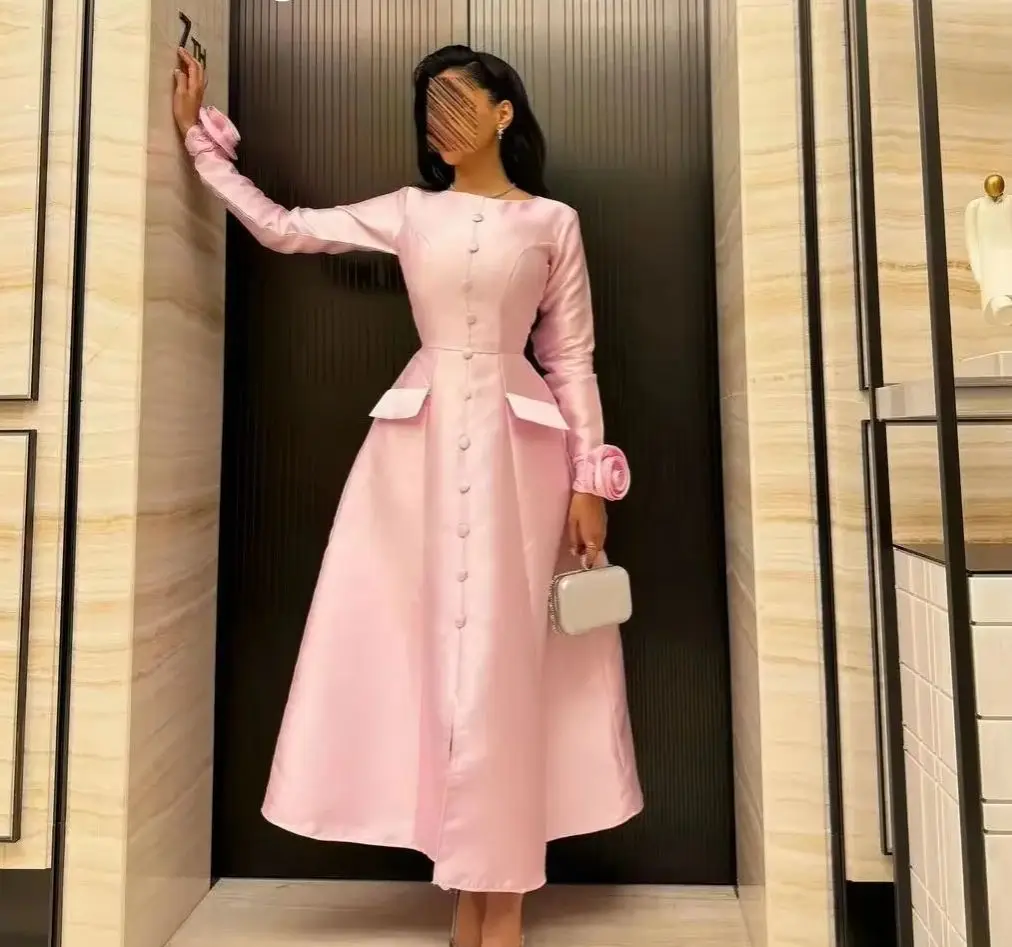 

Elegant Pink Evening Dresses Pleated Saudi Arabia Long Sleeves Prom Dresses Wedding Party Dress Sharon Dress customized Dress
