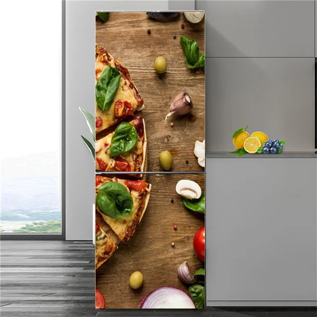 Self Adhesive 3D Fruit Dessert Fridge Door Sticker Mural Wallpaper Waterproof PVC Cake Wine Cup Refrigerator Door Decals Sticker