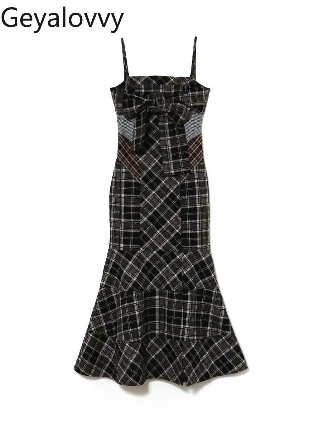 

New Pure Desire Style Bowknot Plaid Patchwork Sleeveless Long Dress Sweet Girl High Waist Slim Fit Fish Tail Strap Dresses