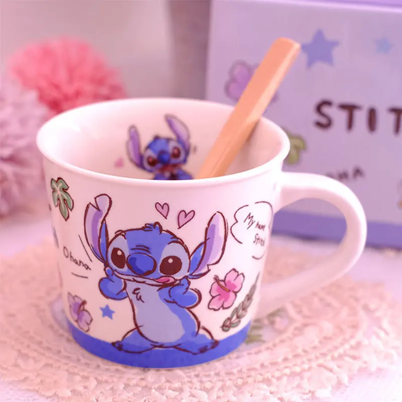 Disney Stitch Ceramic Mug With Spoon Cartoon Mickey Mouse Milk Cup Cute Donald Duck Coffee Milk Cup Party Decoration Gifts