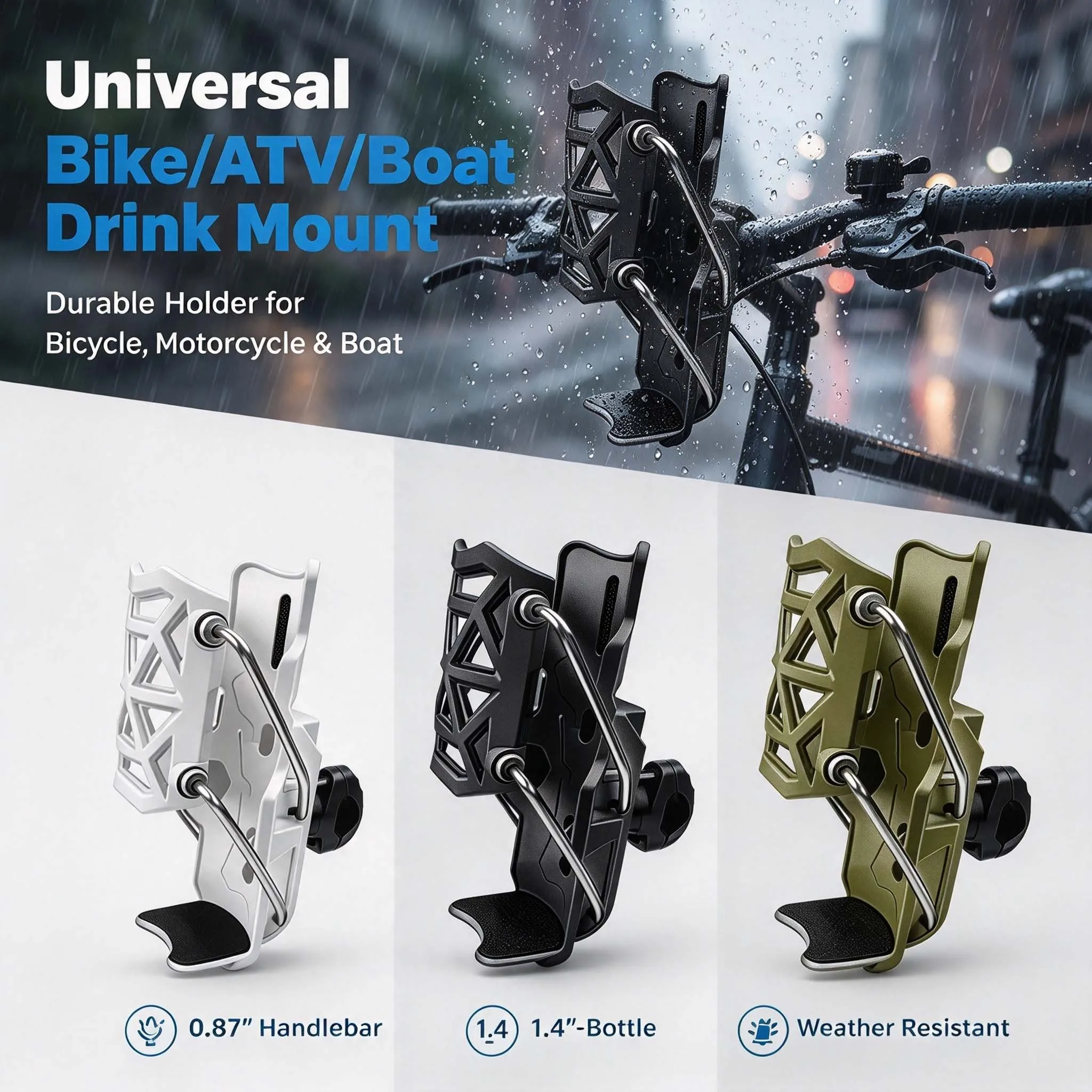 Wide Compatibility Bike Cup Holder Motorcycle Handlebar Drink Mount Fits 0.87-1.26in Bars 1.4-2.9in Bottles for ATV Off Road