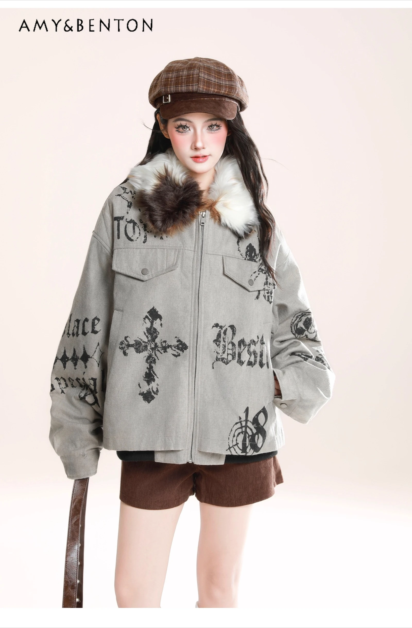 خريف شتاء جديد الأمريكية الرجعية المرأة الشرير القوطية طباعة فضفاضة عادية الأصفر الفراء طوق وسادة مبطنة السراويل البني #1