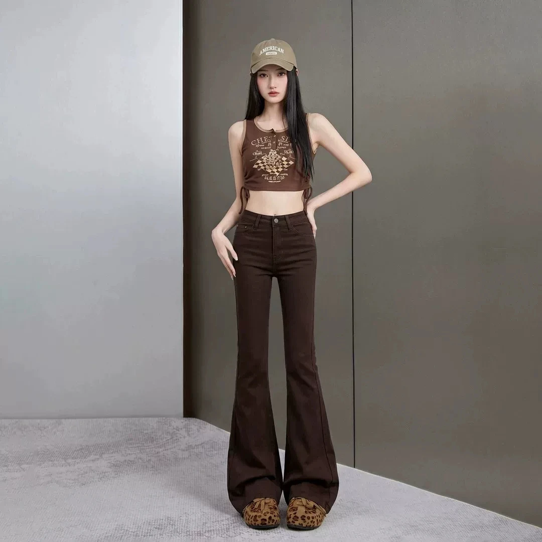 American Style Spicy Girl Coffee Color Draped Micro Flare Denim Pants Women's New 2026 Elastic Small Size Slimming Skinny Jeans