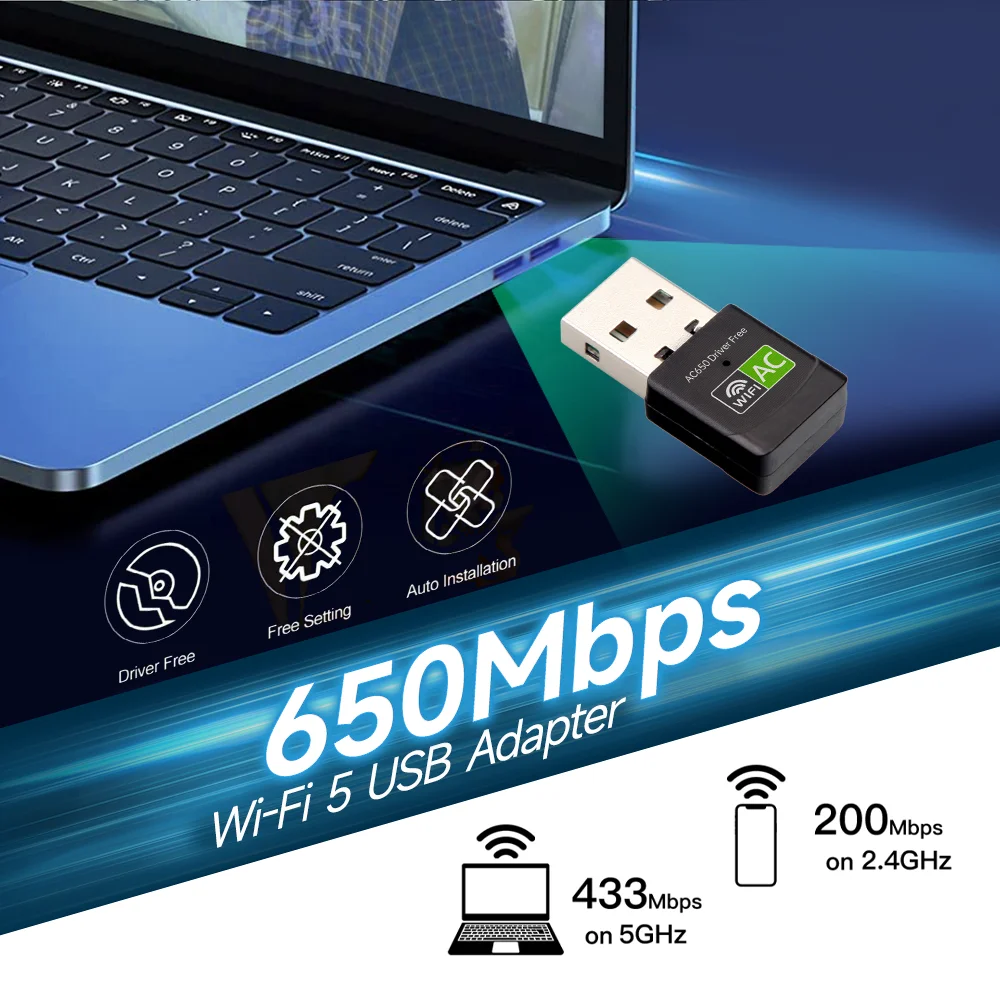 WODESYS 650M Wi-Fi USB Adapter Drive Free Wireless Network Card 2.4G/5G Dual Frequency WiFi Receiving Transmitter For PC