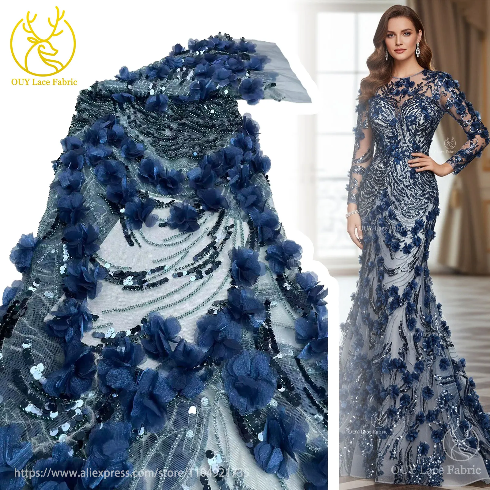 Mais novo exclusivo africano 3d flor artesanal frisado tecido de renda 2025 malha francesa lantejoulas tecido de renda para vestidos de festa de casamento feminino