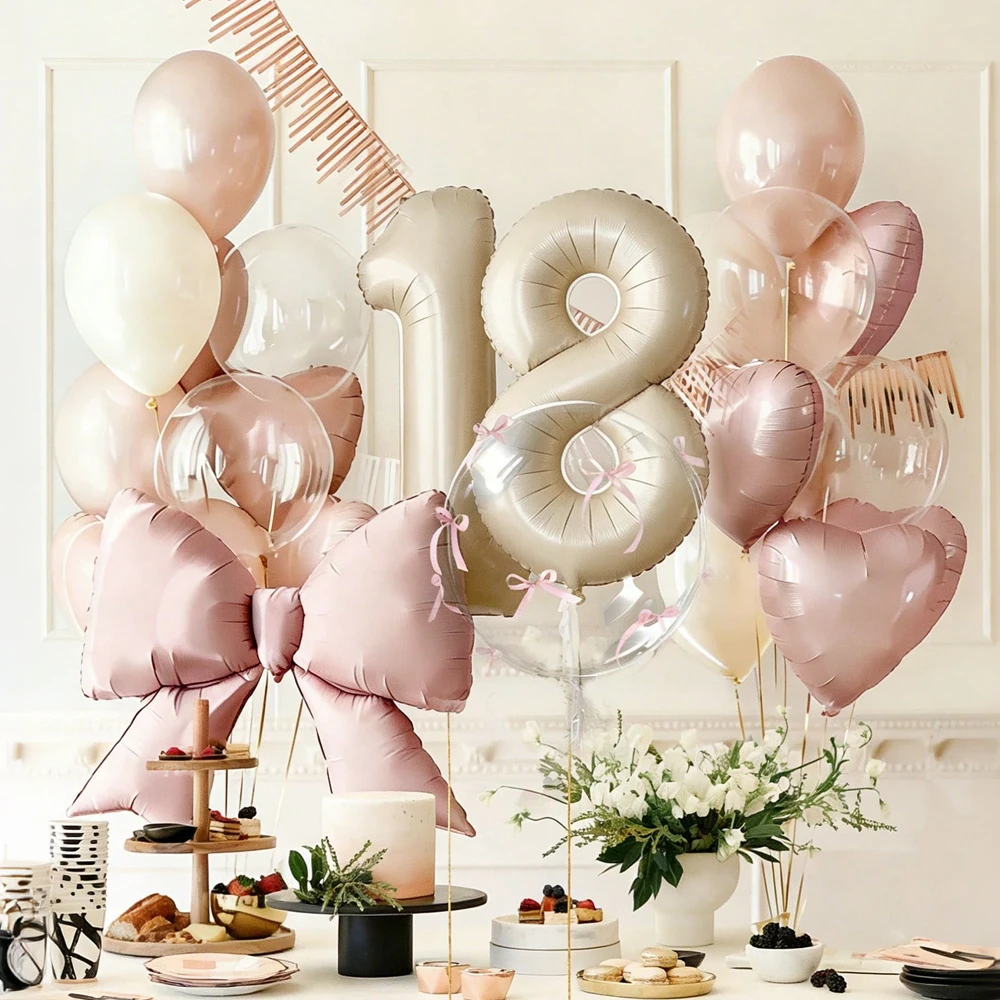 Milchweißes Zahlen- und Schleifenballon-Set Rosa Schleifenband Transparenter Bobo-Ballon für Geburtstagsfeier Jubiläumsfeier Dekoration – Detail 4