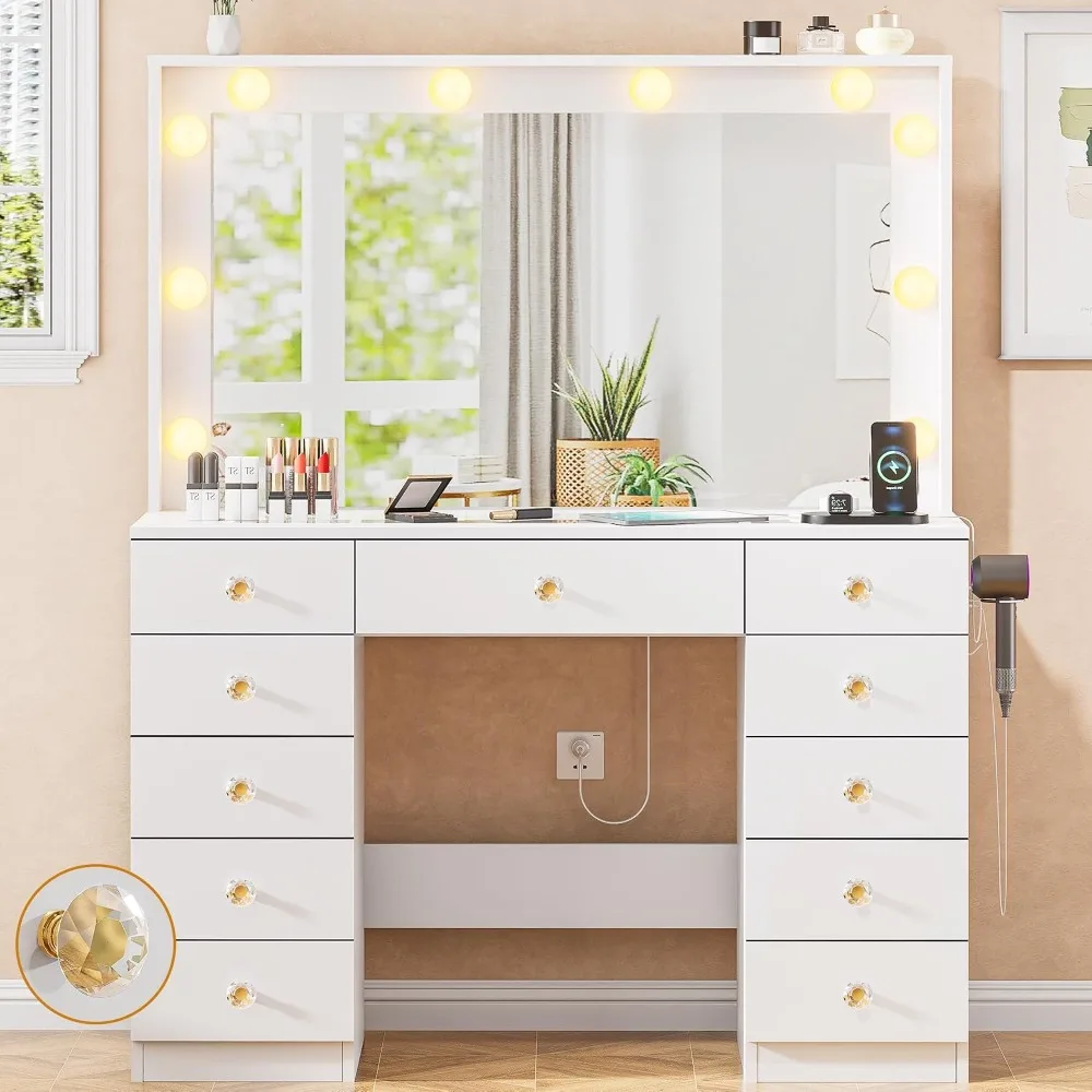 Vanity Desk with Large Mirror, 10 LED Lights, Glass Top, 11 Drawers, Crystal Handles, White