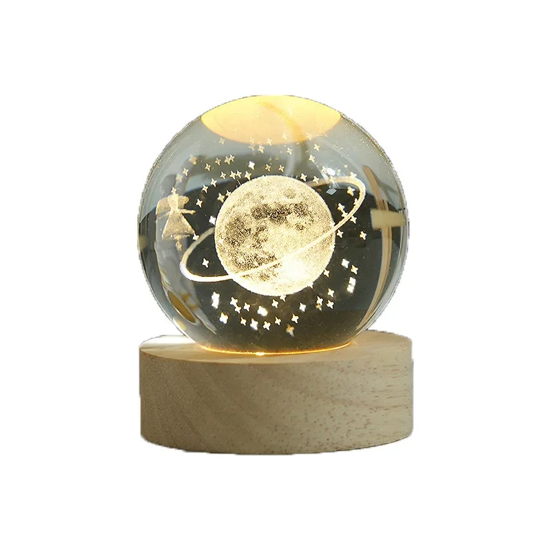 

3D crystal ball, wooden carving base, solar system balloon, planetary night light, birthday gift, home desktop decoration