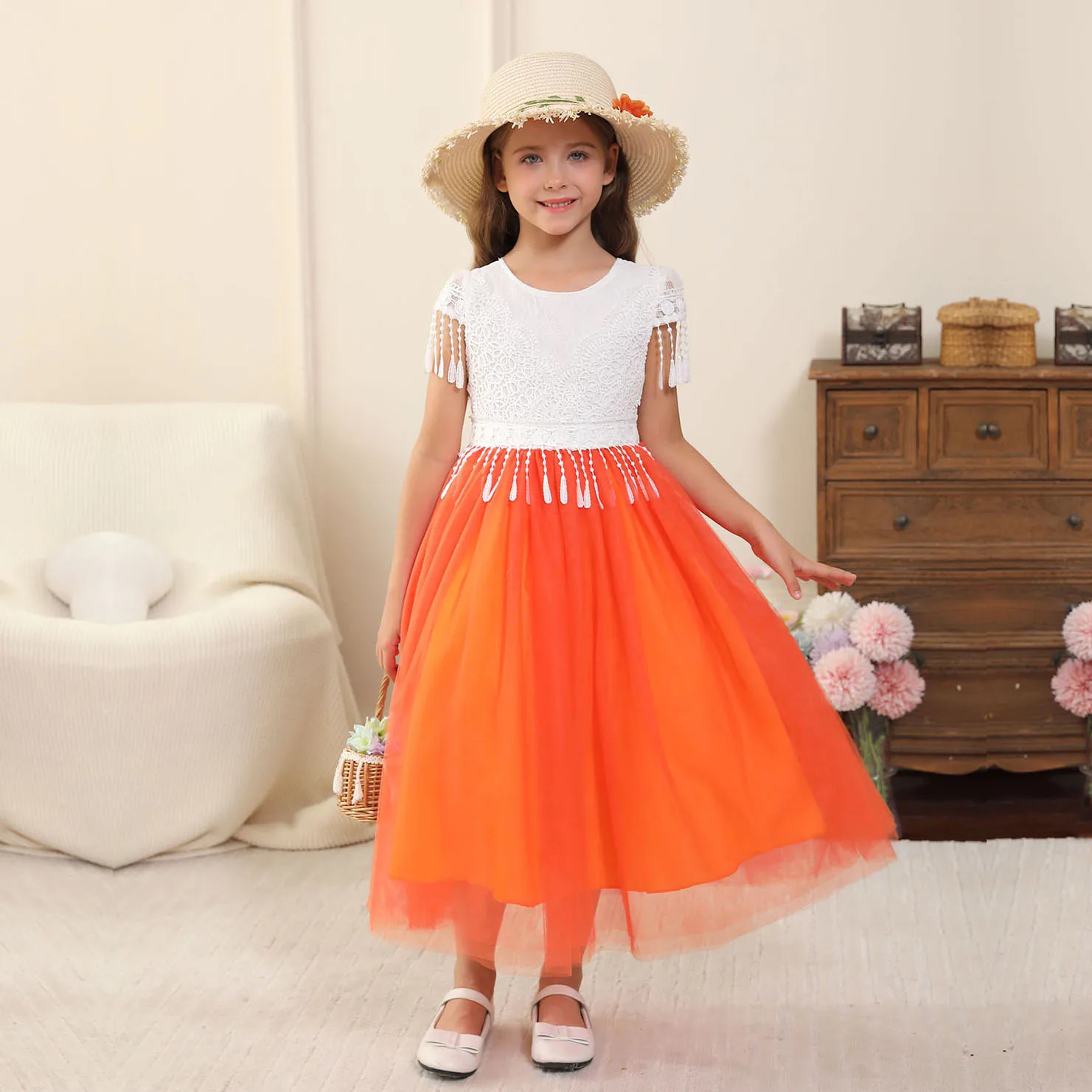 Girl's New Bohemian Style Lace Tassel Flower Backless Solid Color Fashionable and Atmospheric Gathering Mesh Dress 4-12 Years