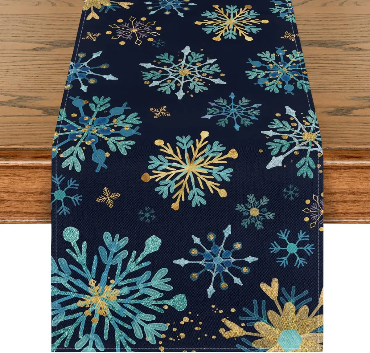 Blue Snowflake Hexagon Linen Christmas Table Runner, Durable & Washable Table Runner, Festive Party Kitchen & Dining Table Decor