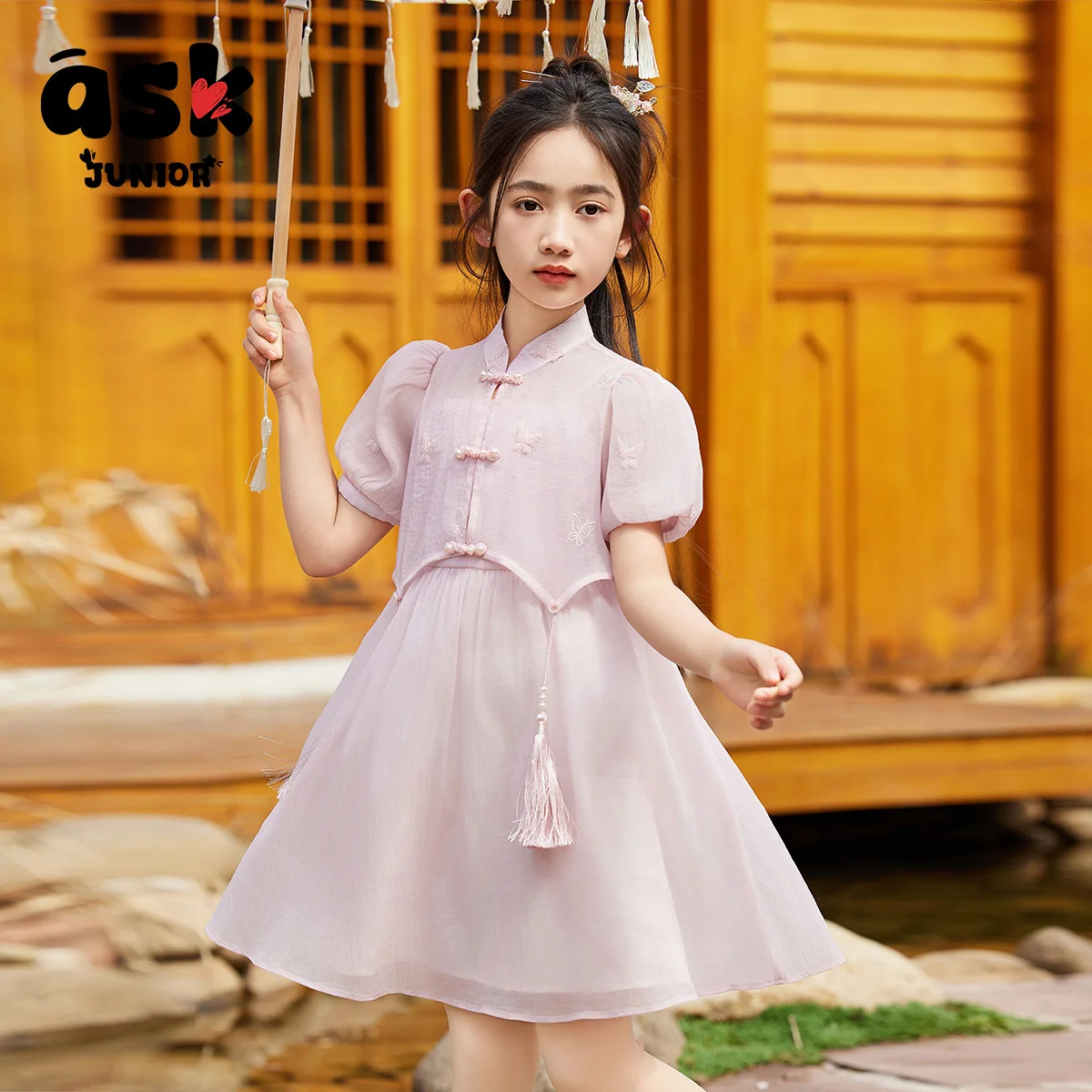 

Летний костюм Ask Junior для девочек, детская одежда, легкий национальный стиль, новый топ с вышивкой в китайском стиле + юбка, костюм для выступлений