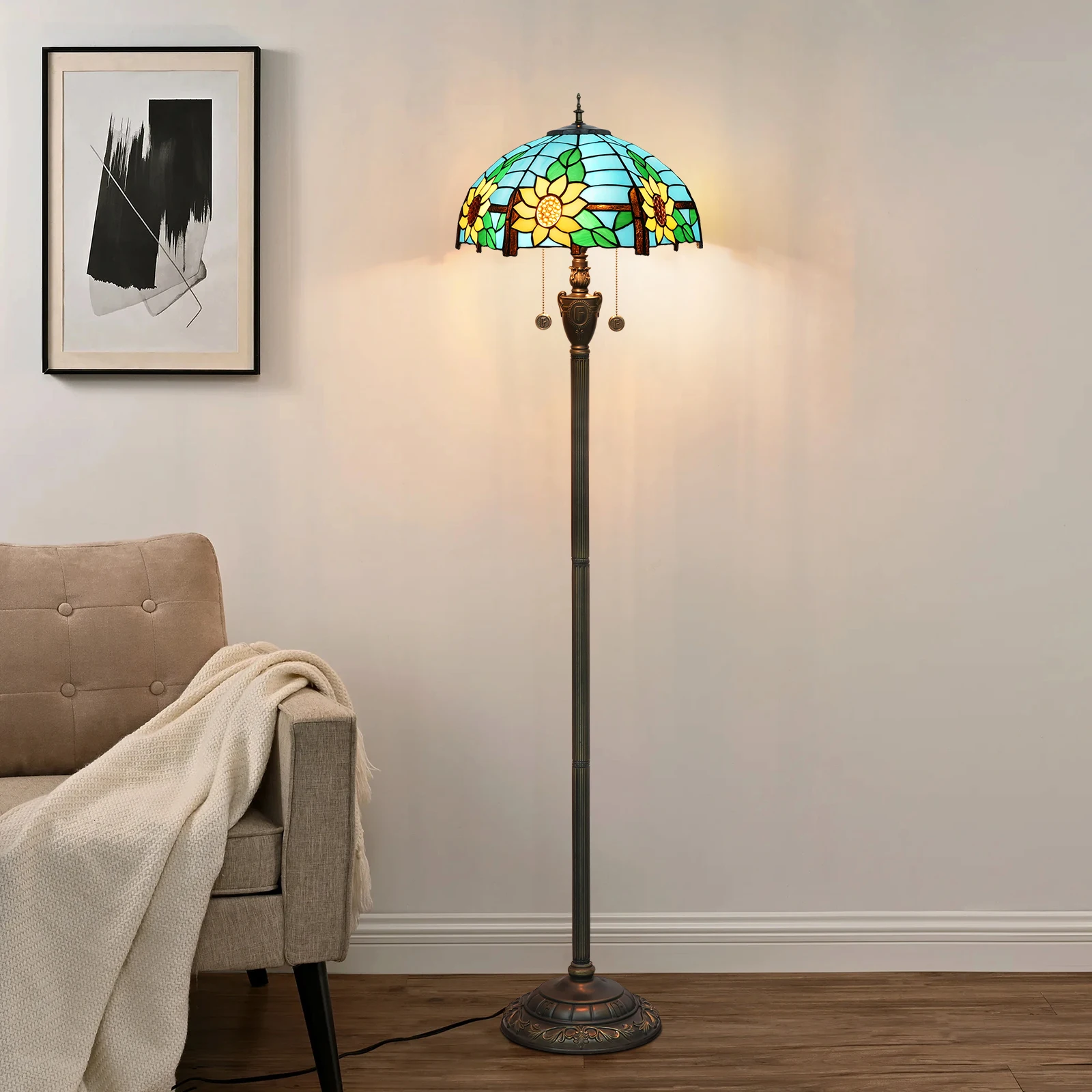 Tiffany Colorful Glass Floor Lamp for Living Room Dining Bedroom Vintage American Style Villa Bar Standing Light