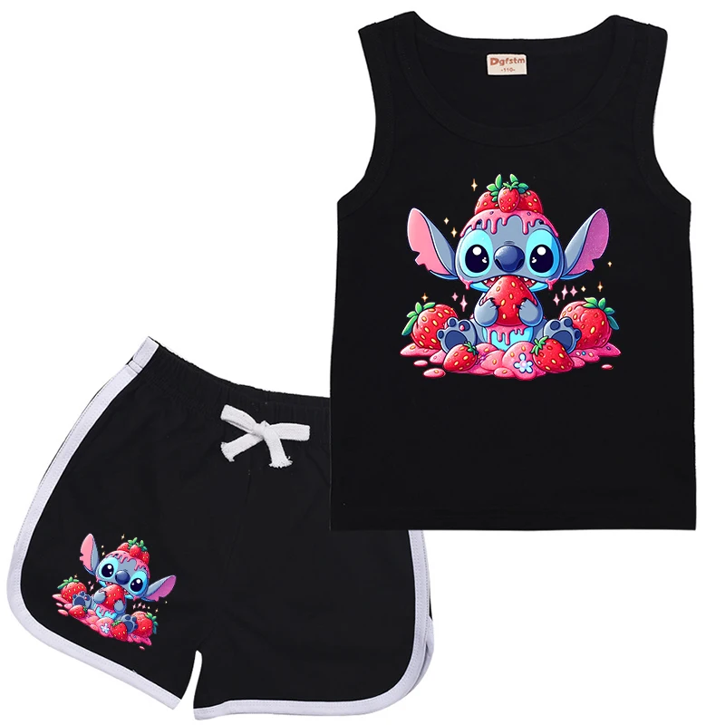 Stich Erdbeer Kinder Sporta nzug Kinder Weste & Shorts Disney Cartoons Sommer Freizeit kleidung ärmel los für Mädchen Jungen Sets