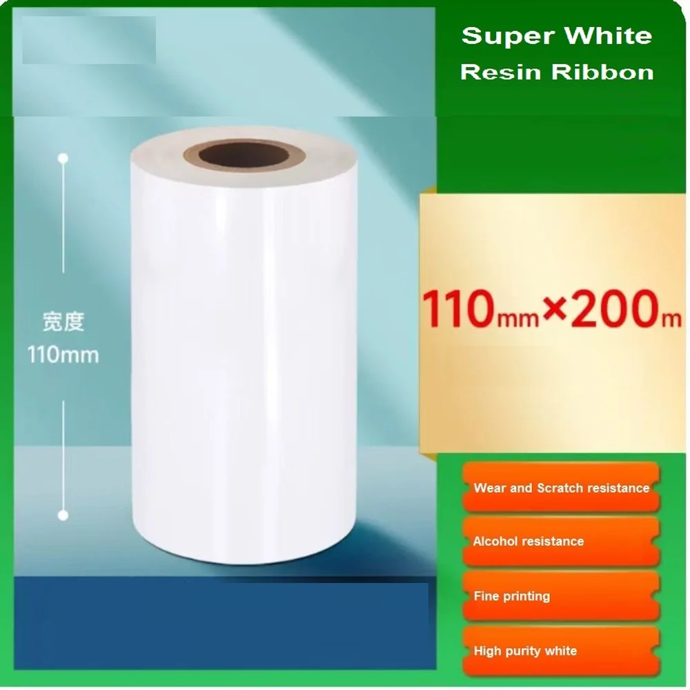 Super White Resin Ribbon 200M/300M Roll Coated Black Labels (Glossy/Matte) Thermal Transfer Printing Ink Ribbon Roll