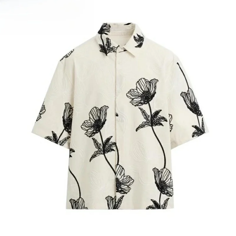 

Summer New Men's Cotton Casual Loose ort Sve irt Collar Embroidery Color Blo Top Youth Faion Regular Fit Plant Floral
