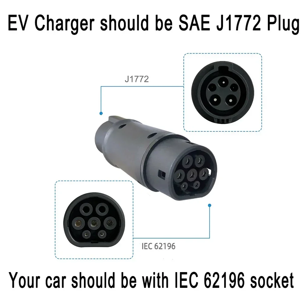 IEC 62196 Type 2 EVSE Adapter Electric Vehicle Charging on SAE J1772 Type 1 Plug Socket EV Charger 32A 7.2KW Single Shase