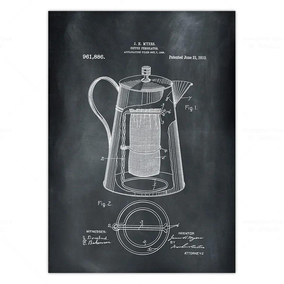 Coffee Wall Art Poster Coffee Percolator Patent Art Print Picture Breakfast Bar Cafe Decor Kitchen Canvas Print Home Wall Decor