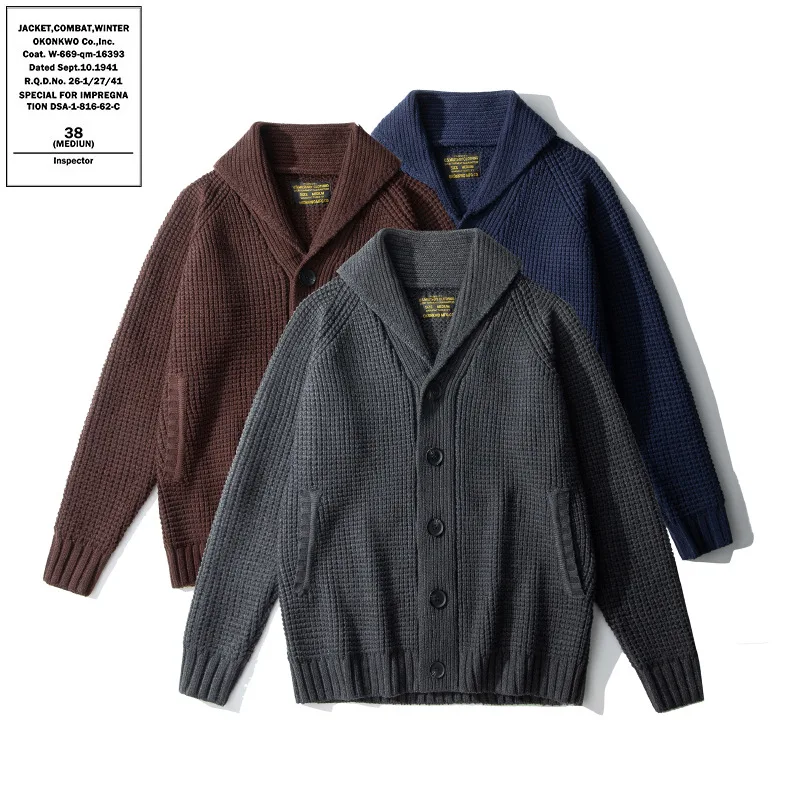 

OKONKWO Apple Collar Cardigan Extra Thick Raglan Sleeve Waffle Plaid Cardigan Jacket Lapel Sweater