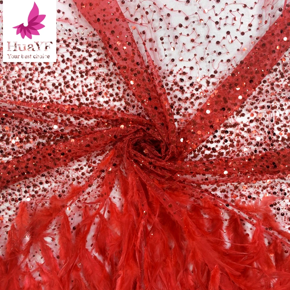 Fashion High-end Red Feather Tulle Lace Shiny Crystal Sequins Net Embroidery Beads Fabric For 1 Yard HY1339