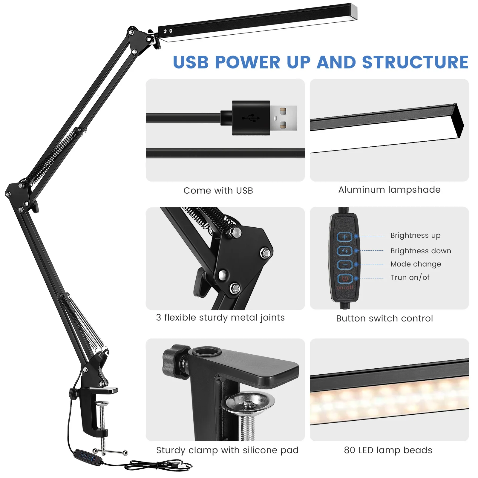 33CM LED Desk Lamp Adjustable Foldable Double Swing Arm Light Eye-Caring For Dormitory Study Office Architect Task Lamp Dimmable