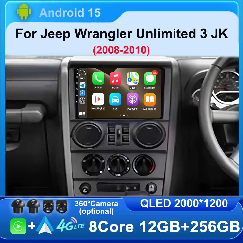 

CarPlay Android 15 For Jeep Wrangler Unlimited 3 JK 2008 - 2010 360 Camera Car GPS Navi Head Unit Radio Auto WiFi 4G LTE